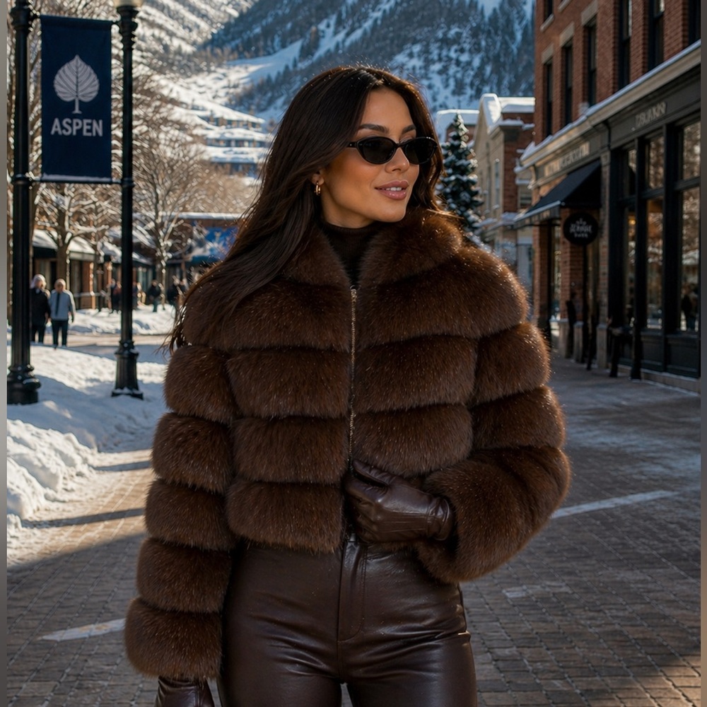 Women's Luxurious brown real fox natural Fur Jacket size s